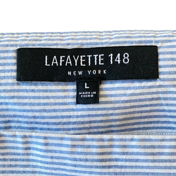 Lafayette 148 New York Blue Pinstripe 100% Cotton Square Neck Puff Sleeve Top L - Picture 3 of 6